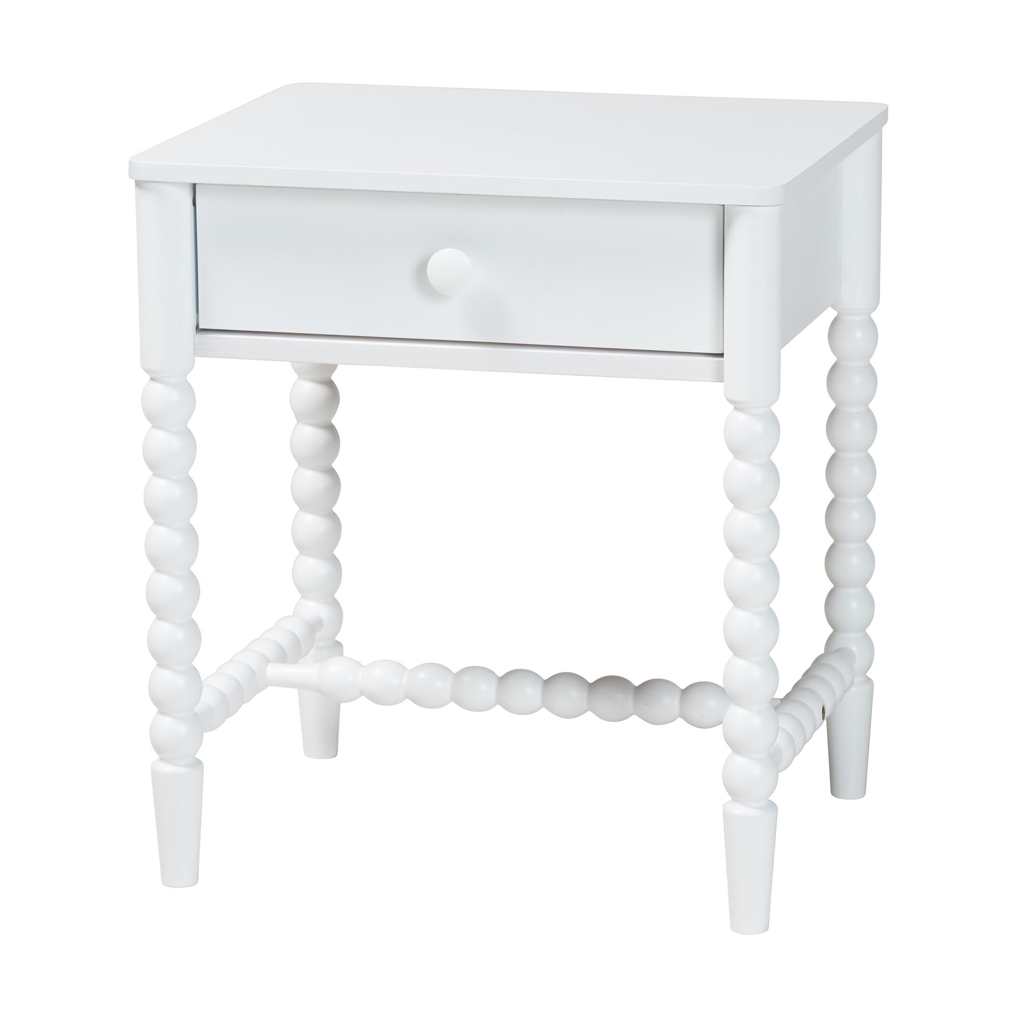 Baxton Studio Brantley Spindle Nightstand - 1-Drawer Bedside Table with Beaded Frame and Open Base for Bedroom, White